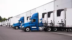 Blue semi trucks and semi trailers stand in row hardly near the warehouse gate under loading and unloading process.