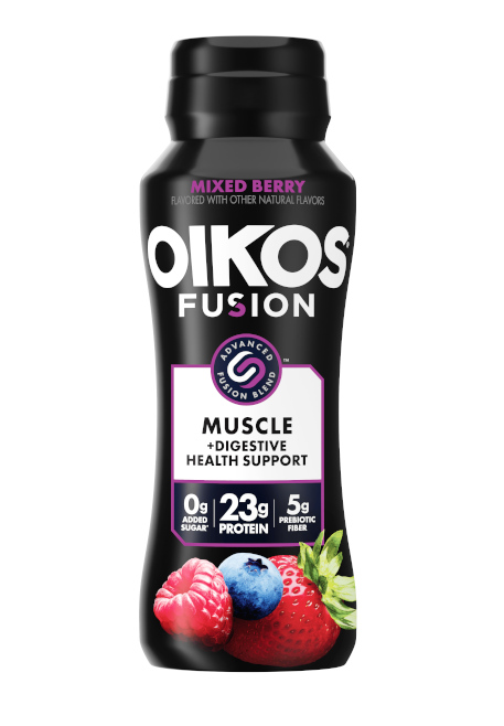 A bottle of Danone Oikos Fusion Mixed Berry on a white background.
