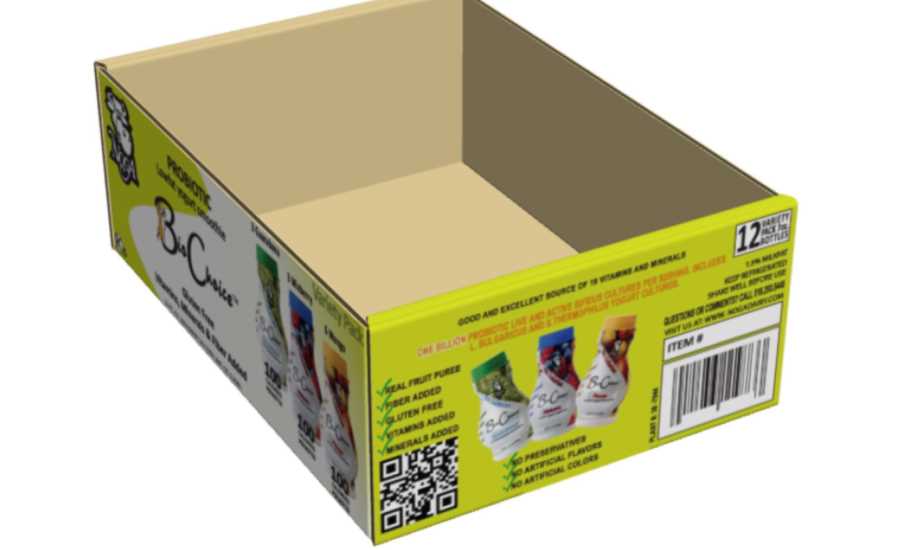 Sutherland Packaging produced a display case that holds a 12-pack of yogurt smoothies from Noga Dairy,