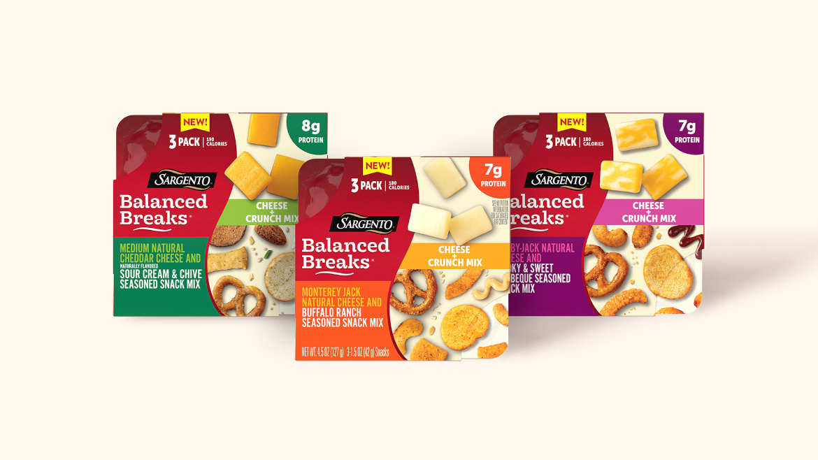Three boxes of Sargento Balanced Breaks Cheese Crunch Mixes with a white background.