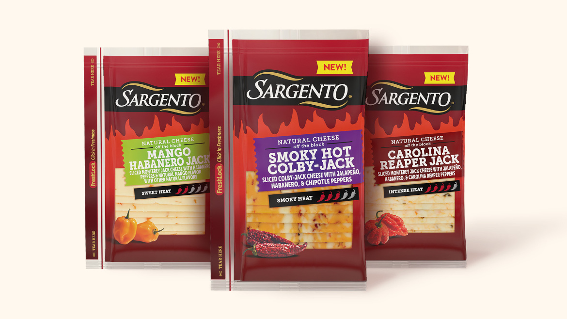 Three packages of Sargento sliced cheese: Mango Habanero-Jack, Smoky Hot Colby-Jack, Carolina Reaper Jack with a white background.
